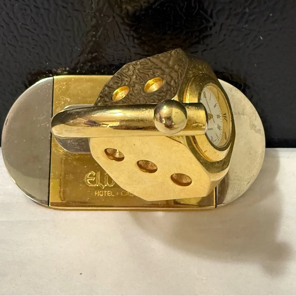 Vintage El Dorado Reno Casino Dice Desk Clock Gold Tone Working Quartz Spinner